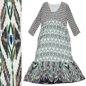 Chico's Ikat Maxi Dress Metallic 3/4 Sleeve Size 16